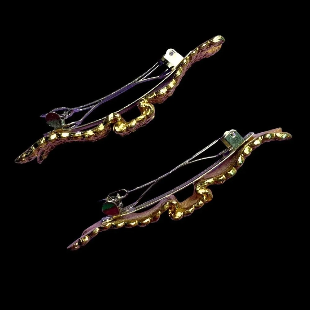 VTG Barrette Pair Gold-Tone Metal Woven Texture Bow Hair Jewelry Accessories 3”